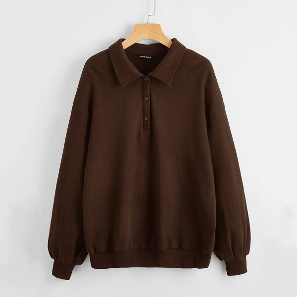 

Drop Shoulder Solid Half Button Placket Pullover, Chocolate brown