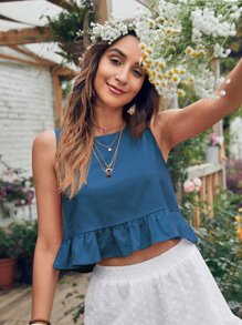 SHEIN Holidaya Top bajo fruncido unicolor - Azul - Ver 1