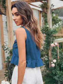 SHEIN Holidaya Top bajo fruncido unicolor - Azul - Ver 2