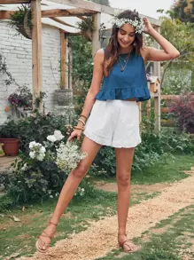 SHEIN Holidaya Top bajo fruncido unicolor - Azul - Ver 4