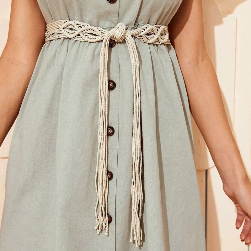 

Tassel Braided Belt, Beige