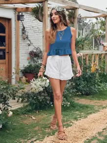 SHEIN Holidaya Top bajo fruncido unicolor - Azul - Ver 6