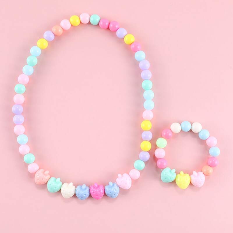 

1pc Strawberry Beaded Necklace & 1pc Bracelet, Multicolor