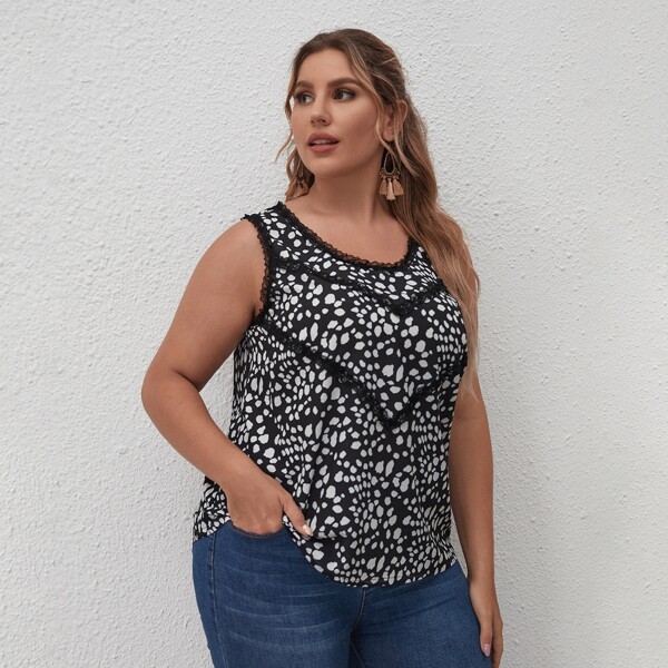 

Plus Lace Trim Allover Print Tank Top, Black and white