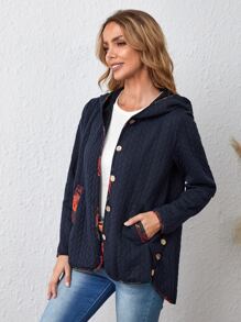 EMERY ROSE 拼接滾邊紐扣門襟連帽外套 - 藏蓝色 - 查看 3