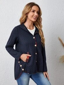 EMERY ROSE 拼接滾邊紐扣門襟連帽外套 - 藏蓝色 - 查看 4