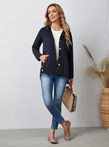 EMERY ROSE 拼接滾邊紐扣門襟連帽外套 - 藏蓝色 - 查看 5