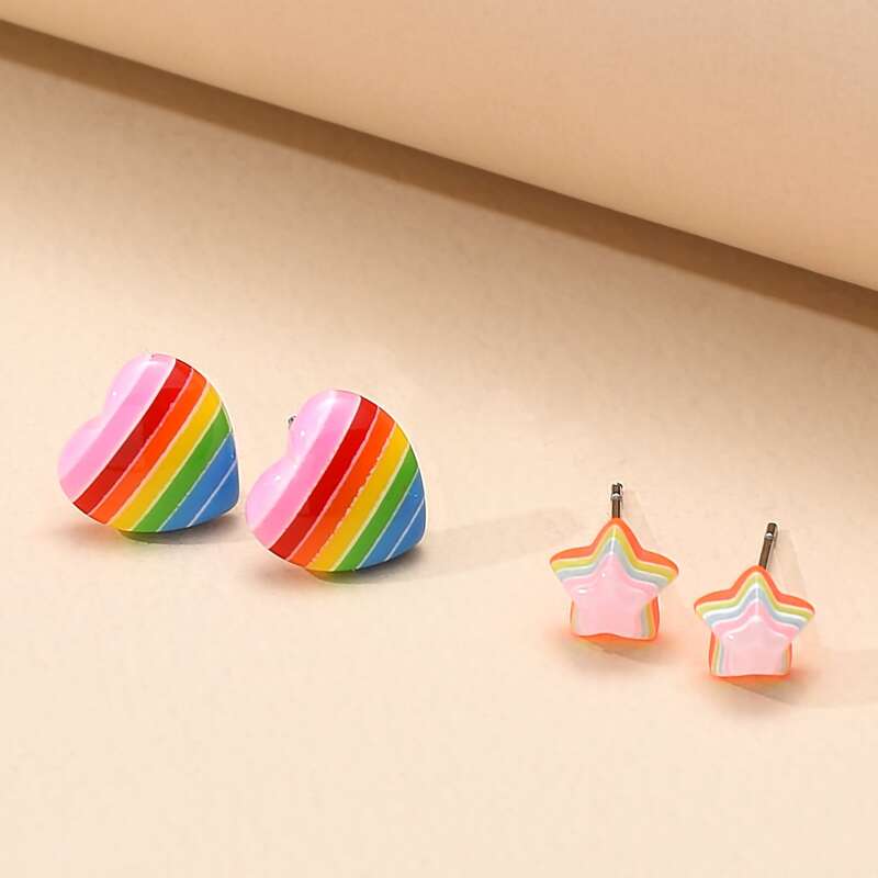 

2pairs Rainbow Star & Heart Stud Earrings, Multicolor
