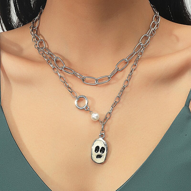 

Skull Decor Layered Chain Necklace, Silver