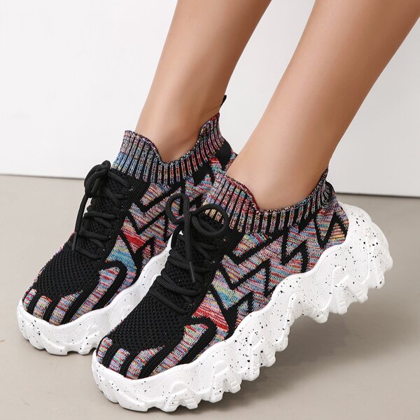 

Lace Up Decor Knit Chunky Sneakers, Multicolor