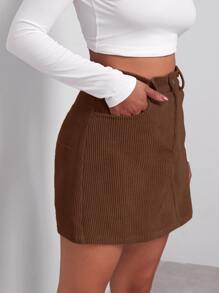 SHEIN EZwear Falda con botón delantero - Café integral - View 4