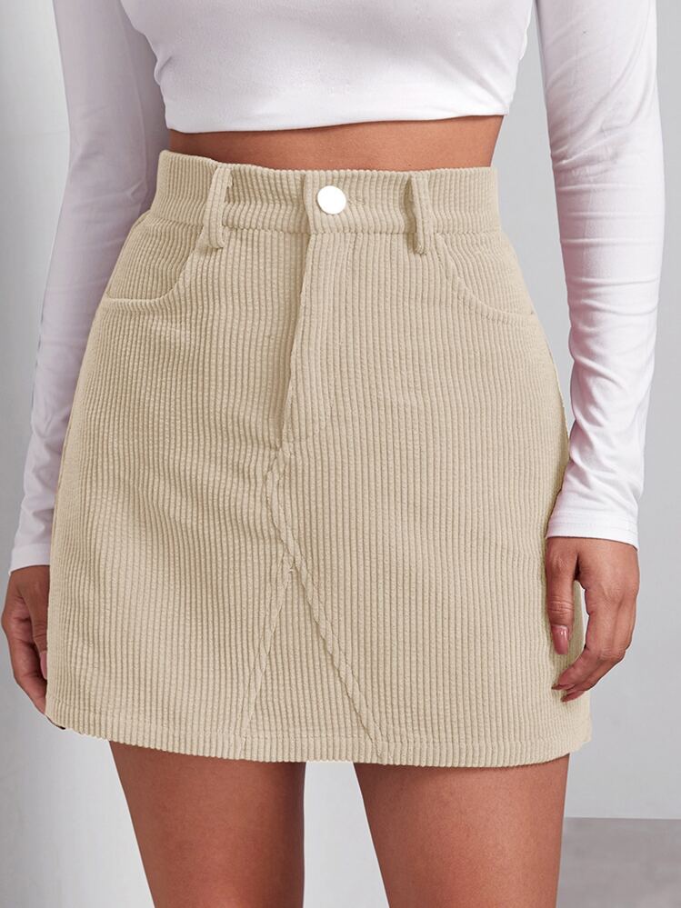 SHEIN EZwear Buttoned Front Cord Skirt - Khaki - View 1