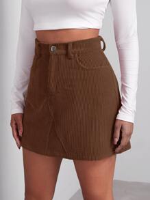 SHEIN EZwear Falda con botón delantero - Café integral - View 5