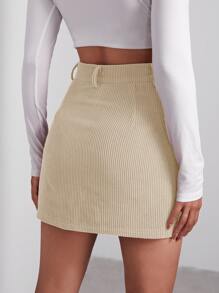 SHEIN EZwear Falda con botón delantero - Caqui - Ver 2