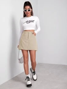 SHEIN EZwear Falda con botón delantero - Caqui - Ver 3
