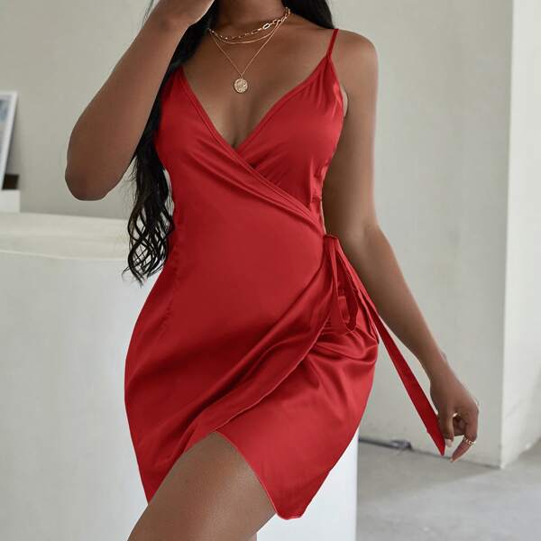 

Surplice Neck Knot Solid Cami Dress, Red