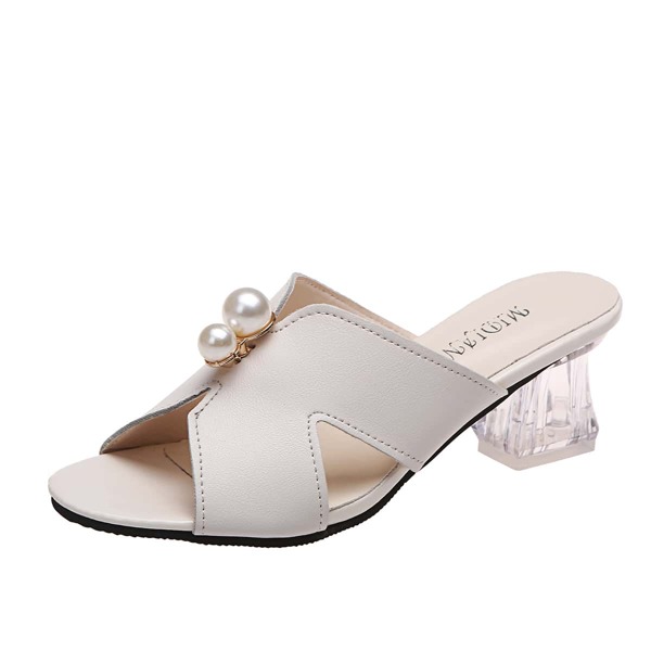 

Faux Pearl Decor Clear Heeled Mule Sandals, Beige