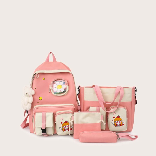 

4pcs Cartoon Figure Graphic Backpack Set, Pink