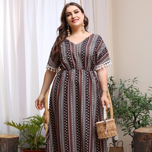

Plus Tassel Trim Ditsy Floral & Striped Dress, Multicolor