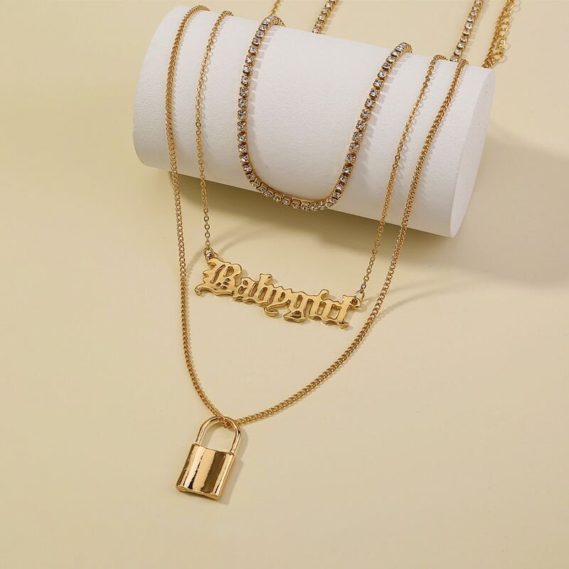 

Lock & Letter Layered Chain Necklace, Gold