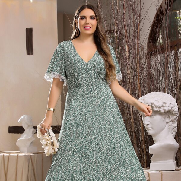 

Plus Lace Trim Sleeve Ditsy Floral Dress, Green