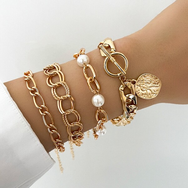 

4pcs Faux Pearl Decor Bracelet, Gold