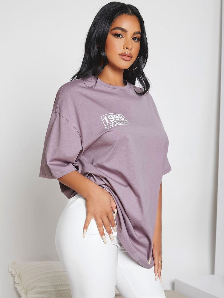 SHEIN SXY Letter and Graphic Print Drop Shoulder Tee - Dusty Purple - View 5