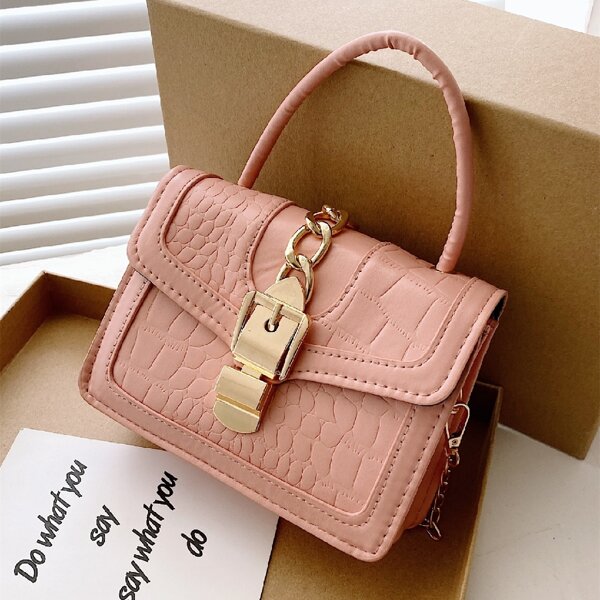 

Croc Embossed Flap Satchel Bag, Pink