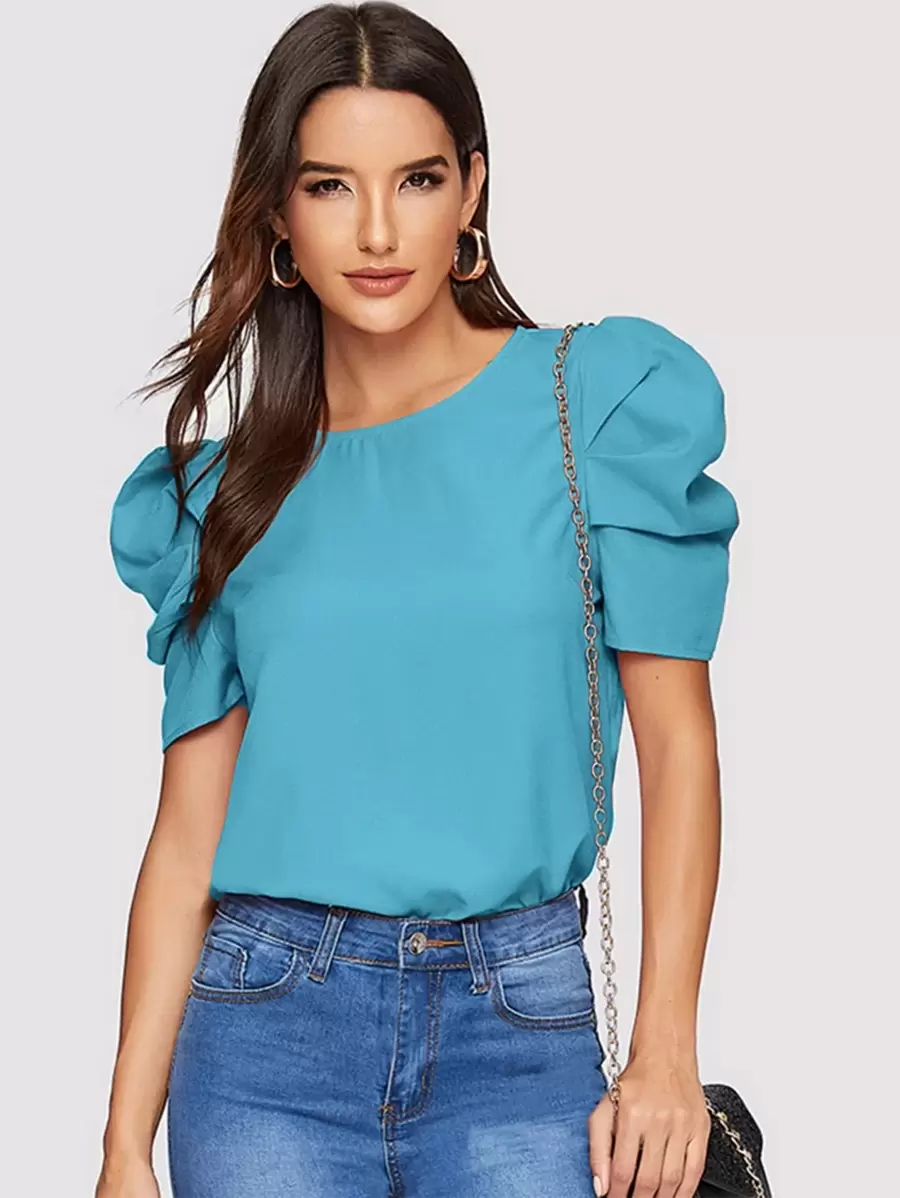 SHEIN Clasi Blus Tombol Plain Casual - Biru - View 1