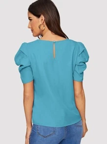 SHEIN Clasi Blus Tombol Plain Casual - Biru - View 2