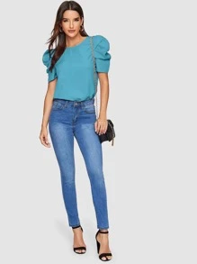 SHEIN Clasi Blus Tombol Plain Casual - Biru - View 3