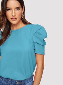 SHEIN Clasi Blus Tombol Plain Casual - Biru - View 4