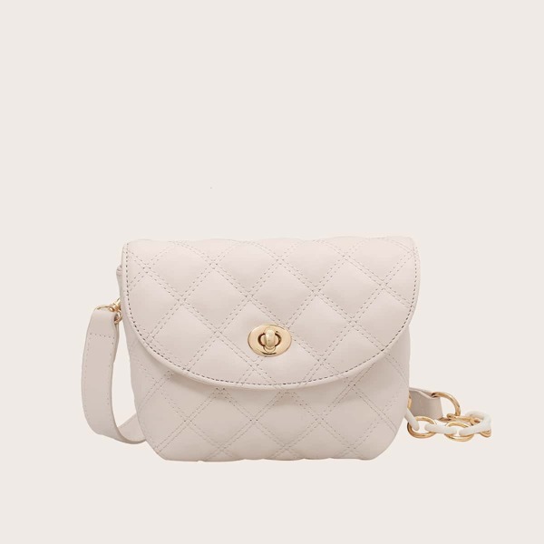 

Quilted Flap Turn-lock Crossbody Bag, Beige