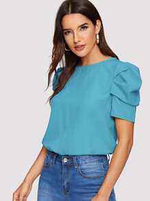 SHEIN Clasi Blus Tombol Plain Casual - Biru - View 5