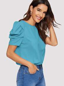 SHEIN Clasi Blus Tombol Plain Casual - Biru - View 6