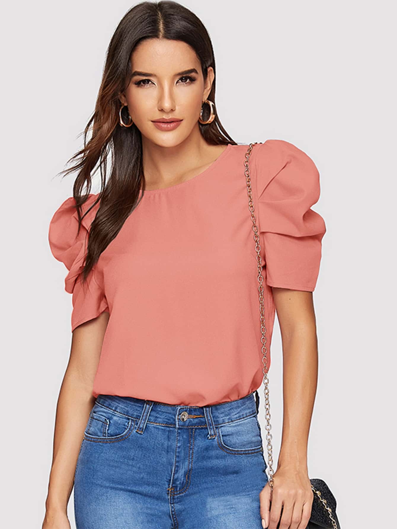 SHEIN Clasi Button Keyhole Back Puff Sleeve Top - Watermelon Pink - View 1