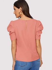 SHEIN Clasi Button Keyhole Back Puff Sleeve Top - Watermelon Pink - View 2