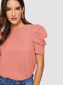 SHEIN Clasi Button Keyhole Back Puff Sleeve Top - Watermelon Pink - View 4