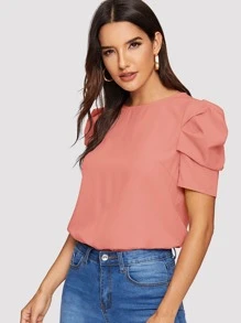 SHEIN Clasi Button Keyhole Back Puff Sleeve Top - Watermelon Pink - View 5