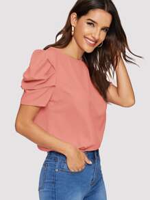 SHEIN Clasi Button Keyhole Back Puff Sleeve Top - Watermelon Pink - View 6