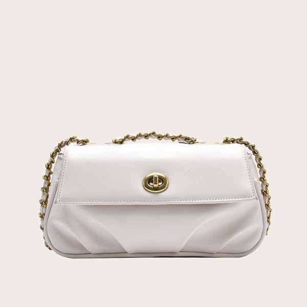 

Minimalist Flap Turn-lock Ruched Bag, White