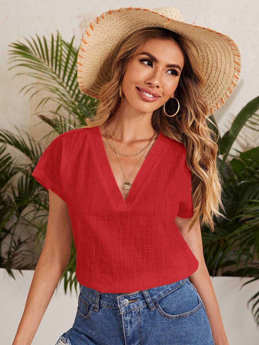 SHEIN LUNE Áo sơ mi màu trơn Giải trí - Đỏ - Xem 1