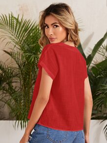 SHEIN LUNE Áo sơ mi màu trơn Giải trí - Đỏ - Xem 2