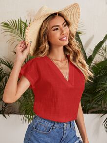 SHEIN LUNE Áo sơ mi màu trơn Giải trí - Đỏ - Xem 3