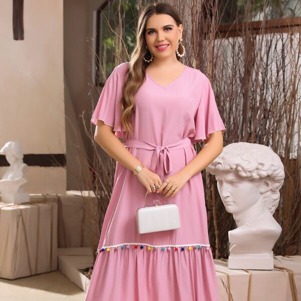 

Plus Pom Pom Trim Belted Dress, Pink