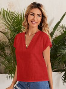 SHEIN LUNE Áo sơ mi màu trơn Giải trí - Đỏ - Xem 4