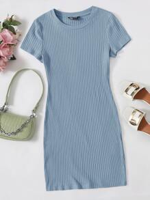 SHEIN EZwear Solid Rib-knit Bodycon Dress - Dusty Blue - View 1