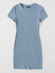 SHEIN EZwear Solid Rib-knit Bodycon Dress - Dusty Blue - View 5