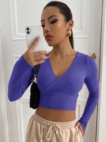 SHEIN EZwear Surplice Neck Rib-knit Crop Tee - Violet Purple - View 1