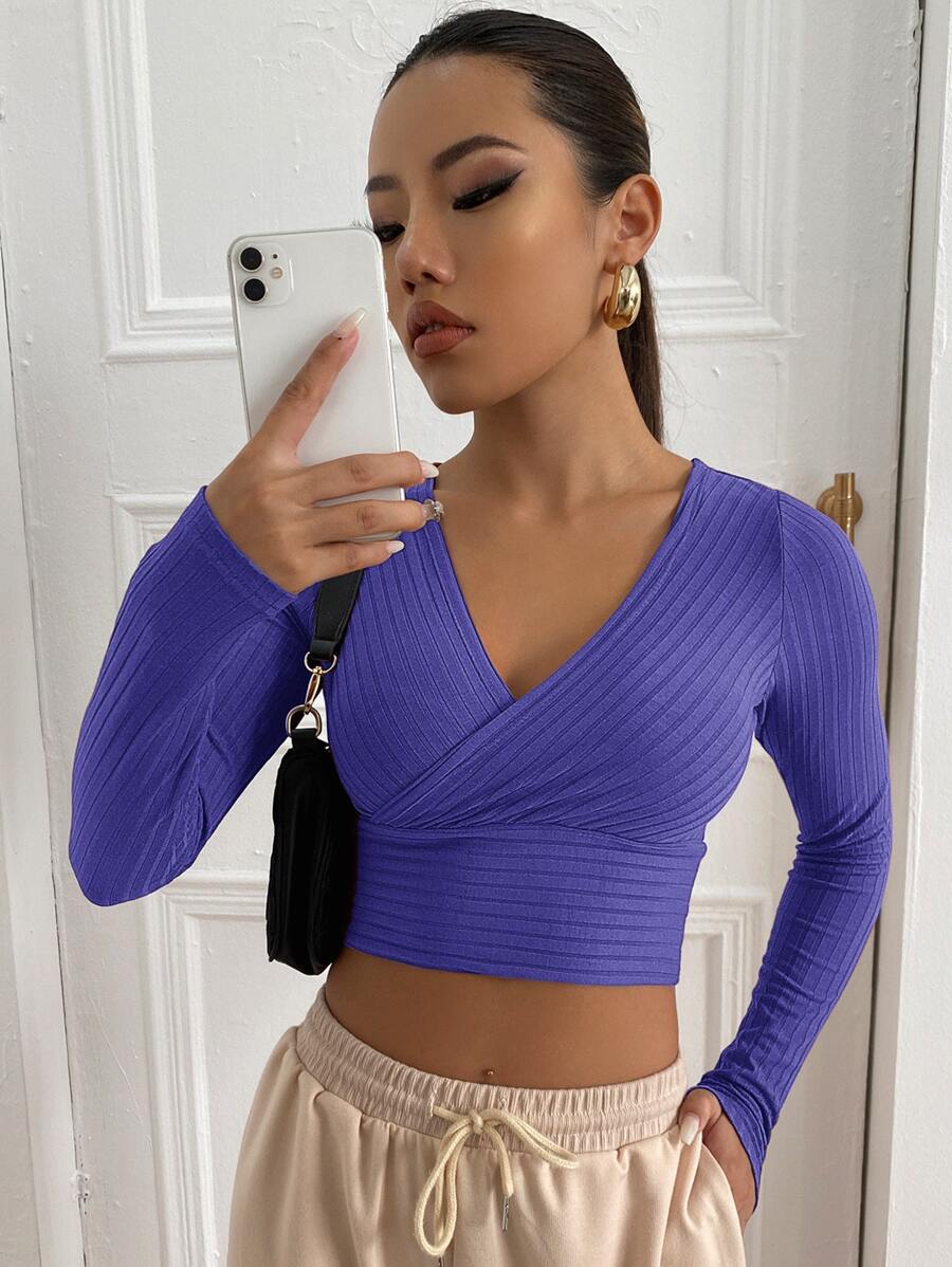 SHEIN EZwear Surplice Neck Rib-knit Crop Tee - Violet Purple - View 1